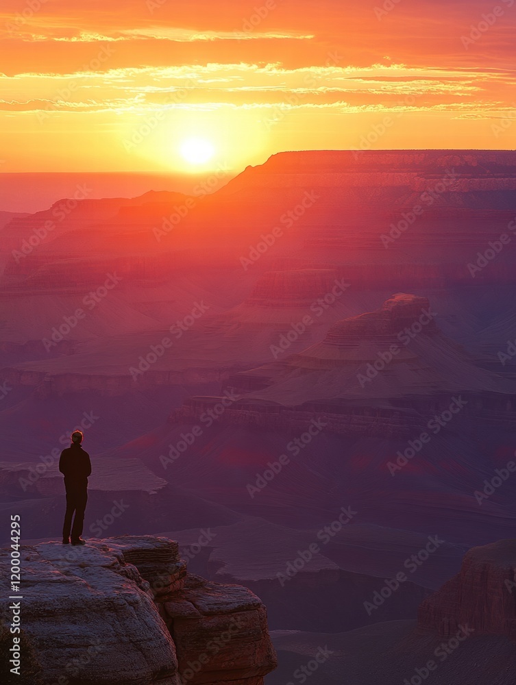 Obraz premium Traveler admires breathtaking sunset over vast canyon landscape at dusk. Generative AI