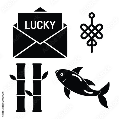 Simple black and white illustration of good luck symbols