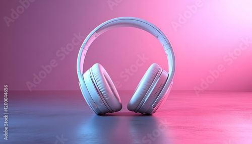 White headphones studio pink light audio ad photo