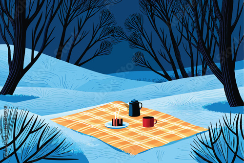 A cozy winter picnic scene featuring a blanket spread out on the snow-covered ground.