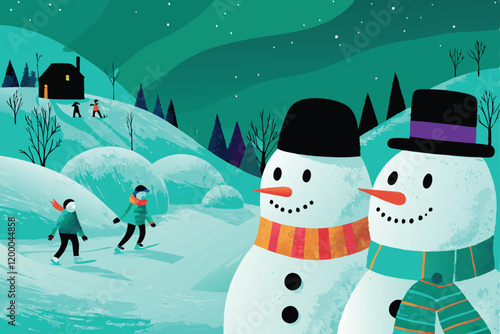 A whimsical winter wonderland with playful snowmen, adorned with colorful scarves and hats, amidst a snowy forest with sparkling ice crystals and a warm, inviting cabin in the distance.