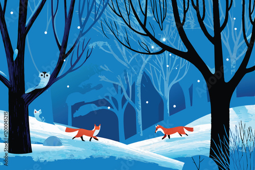 A breathtaking winter scene with a family of foxes and a wise owl perched on a snow-covered branch, surrounded by a serene snowy forest.