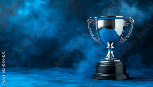 Silver trophy, blue smoke, victory, award, background