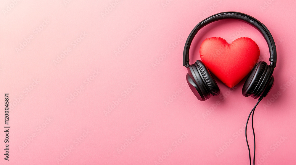 Red heart wearing black headphones. Red heart wearing black headphones.