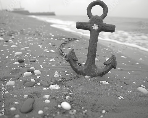 Rusty ship s anchor firmly embedded in sandy beach with chain lying on the serene shoreline photo