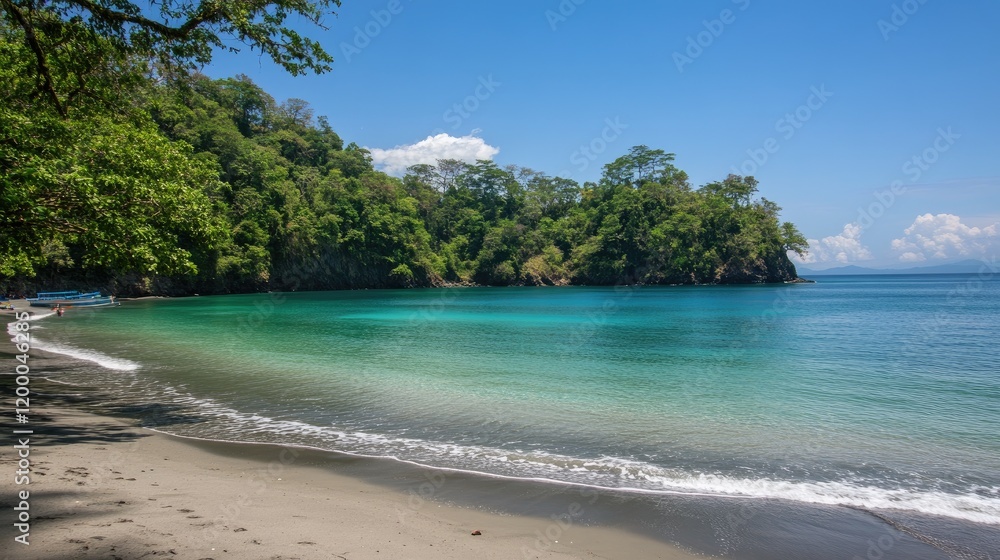Secluded Tropical Beach Cove With Boats And Lush Greenery Secluded Tropical Beach Cove With Boats And Lush Greenery
