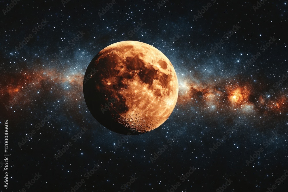 Fototapeta premium Orange planet, starry nebula backdrop.