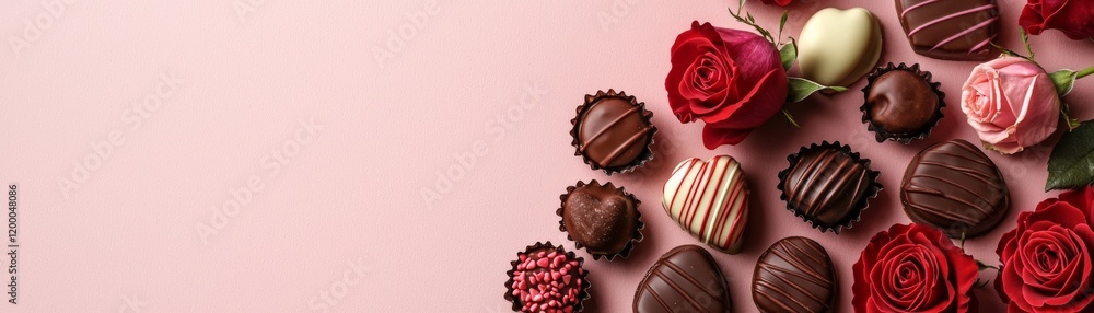 A beautiful arrangement of assorted chocolates and vibrant roses on a soft pink background, perfect for romantic occasions. A beautiful arrangement of assorted chocolates and vibrant roses on a soft pink background, perfect for romantic occasions.