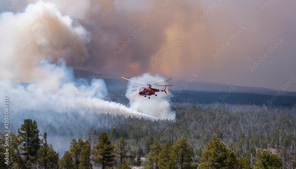 Fototapeta Firefighting helicopter drops water on flames in a forest under a smoky sky