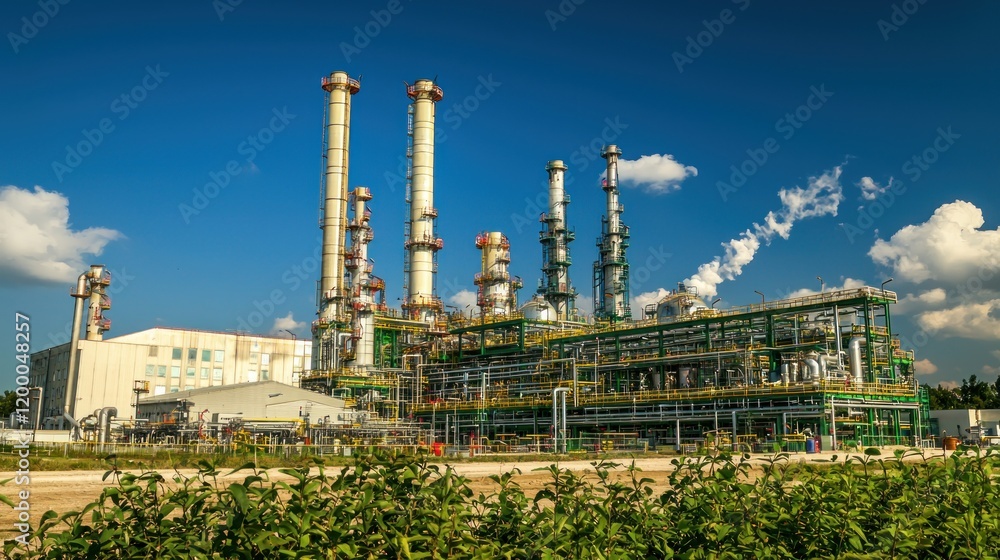Refinery processing, industrial complex, sunny day, pollution, energy production Refinery processing, industrial complex, sunny day, pollution, energy production