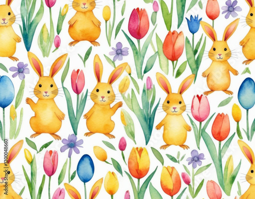 Dynamic pastel pattern with Easter motifs like lambs, egg garlands, and wildflowers, soft gradient tones, joyful and peaceful vibe, seamless repeating design for a holiday celebration feel.