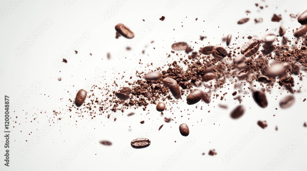 Flying coffee beans and grounds on white. Flying coffee beans and grounds on white.