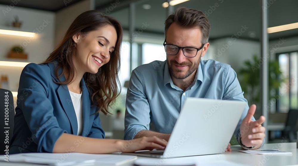 Two Professionals Collaborating on Financial Strategies in Office Two Professionals Collaborating on Financial Strategies in Office