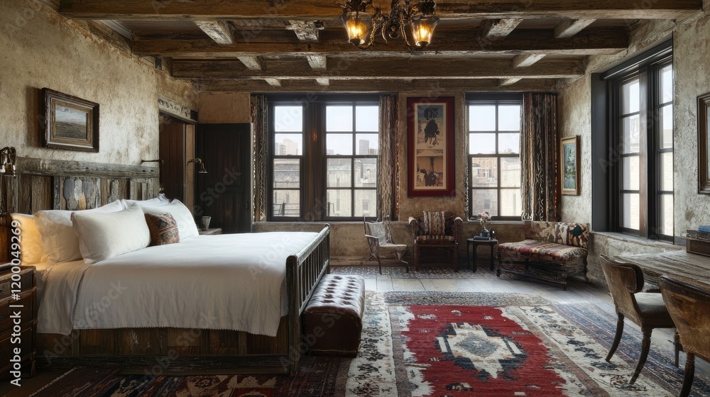 Rustic Bedroom Design Featuring Exposed Beams and City Views Rustic Bedroom Design Featuring Exposed Beams and City Views