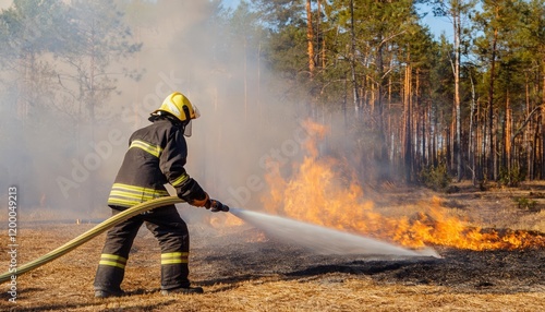 Firefighter battling wildfire with hose in forest during clear weather photo