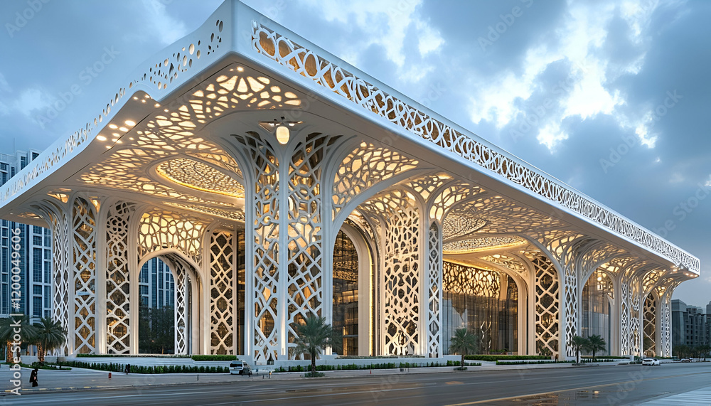 Obraz premium Modern building, city dusk, intricate facade, illuminated