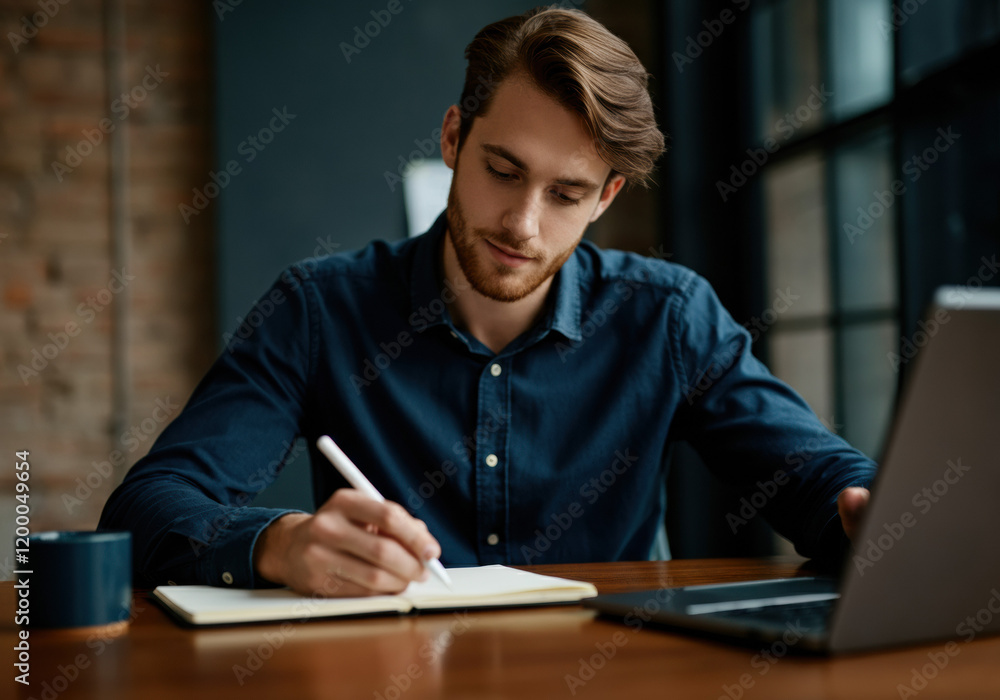 Focused Young Man Writing in Notebook at Desk Focused Young Man Writing in Notebook at Desk