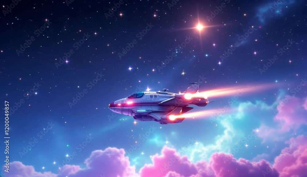 Spaceship soaring through vibrant nebula, starfield backdrop, cosmic travel, futuristic design