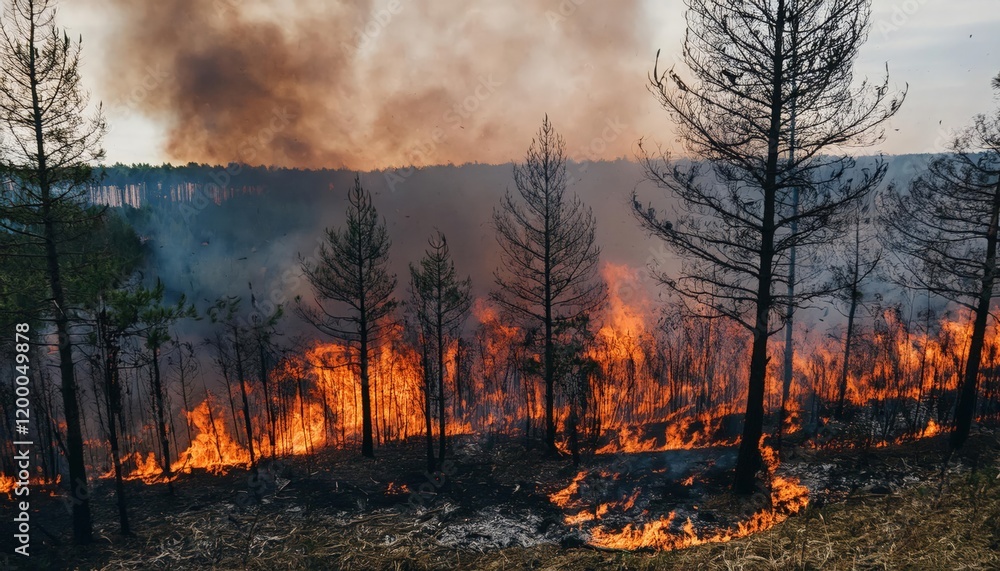 Fire consuming trees in a red glow under a smoky sky in a forest landscape at dusk Fire consuming trees in a red glow under a smoky sky in a forest landscape at dusk
