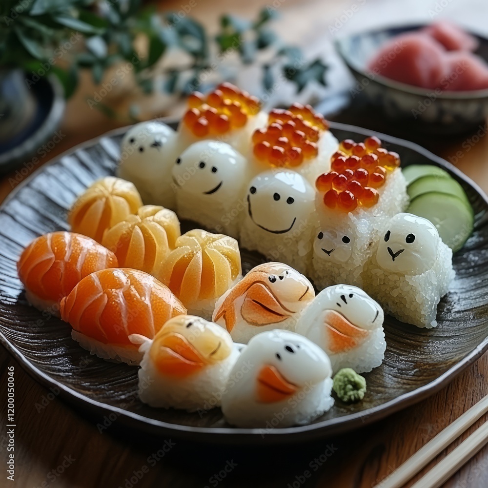 Obraz premium Sushi art shaped like animals, playful and intricate design. --stylize