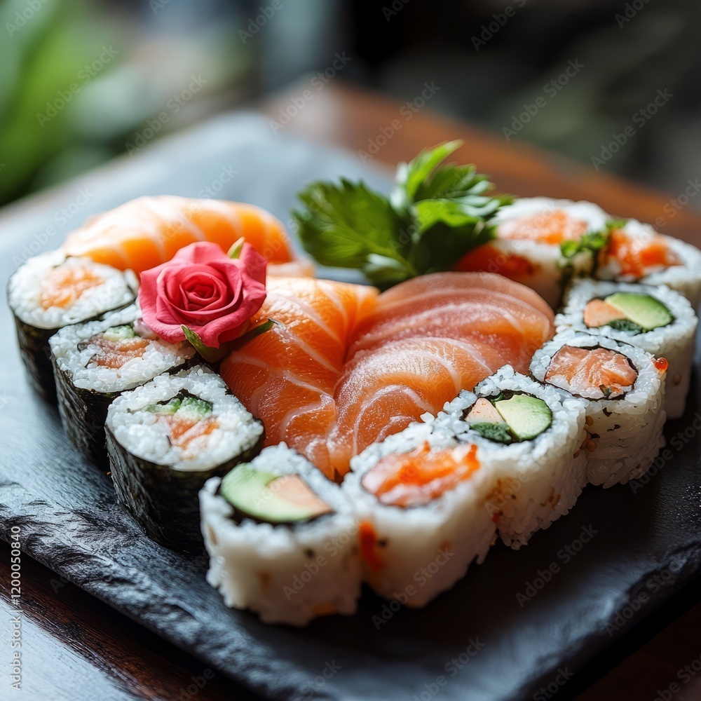 Sushi artfully displayed in the shape of a heart, perfect for special occasions. Sushi artfully displayed in the shape of a heart, perfect for special occasions.
