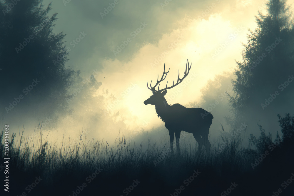 Naklejka premium Deer standing in foggy forest, its outline barely visible in hazy backdrop of tall trees.