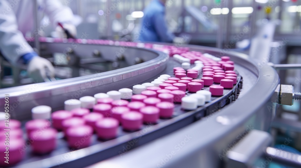 Fototapeta premium A state-of-the-art industrial pharmaceutical manufacturing plant with engineers overseeing the production of life-saving medications under strict quality control
