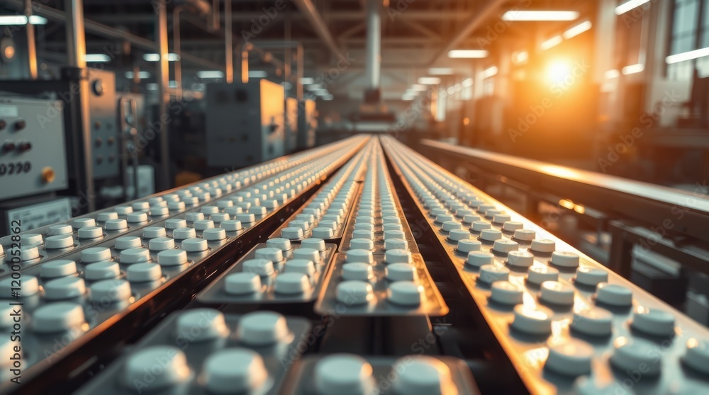 Pharmaceutical pills on a conveyor belt moving through a factory. Production line in full swing. Pharmaceutical pills on a conveyor belt moving through a factory. Production line in full swing.