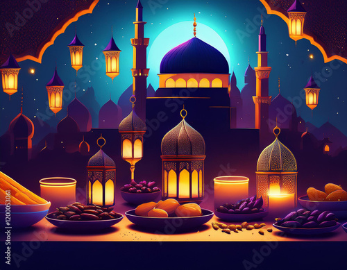 A magical Ramadan night. Illuminated mosque, crescent moon, and twinkling stars. Festive table with dates and lanterns Generated image