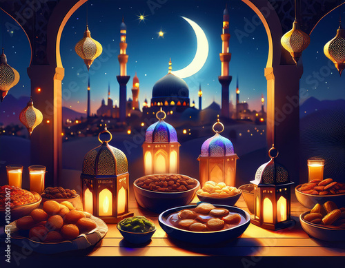 A magical Ramadan night. Illuminated mosque, crescent moon, and twinkling stars. Festive table with dates and lanterns Generated image
