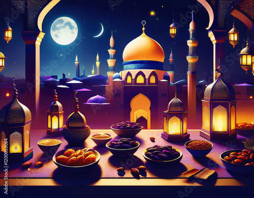 A magical Ramadan night. Illuminated mosque, crescent moon, and twinkling stars. Festive table with dates and lanterns Generated image