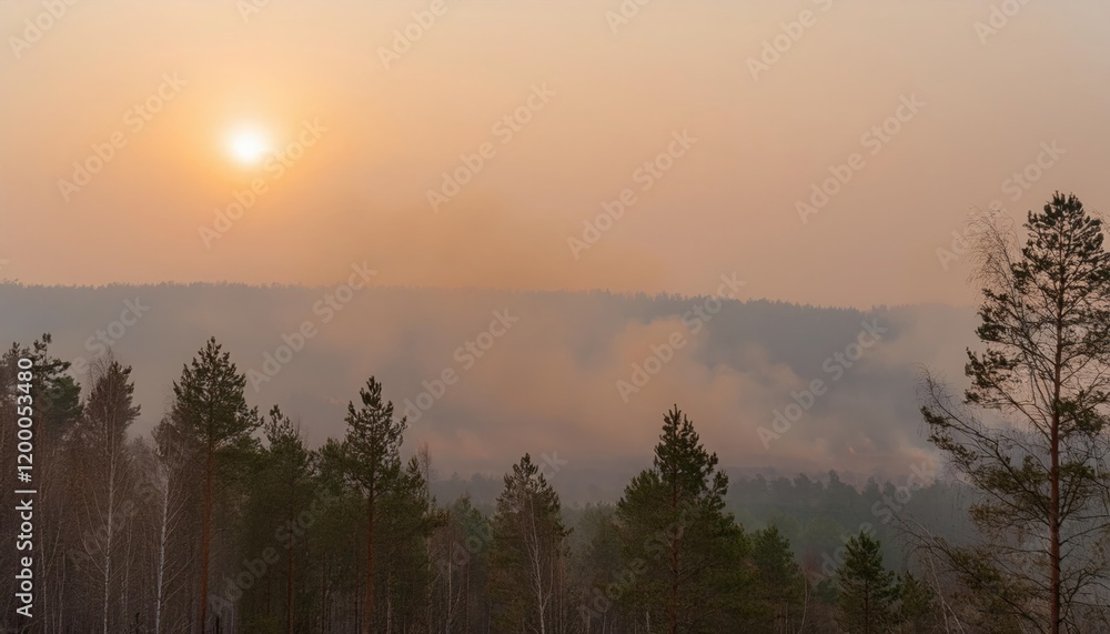 Firefly glows above a burning forest surrounded by smoke with the sun hidden in the haze at dusk Firefly glows above a burning forest surrounded by smoke with the sun hidden in the haze at dusk