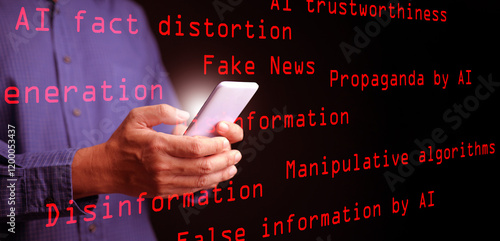 Canvas Print AI, artificial intelligence, and the concept of fake news, misinformation, and disinformation: A man uses his smartphone, with the red text Fake News displayed, surrounded by other related keywords