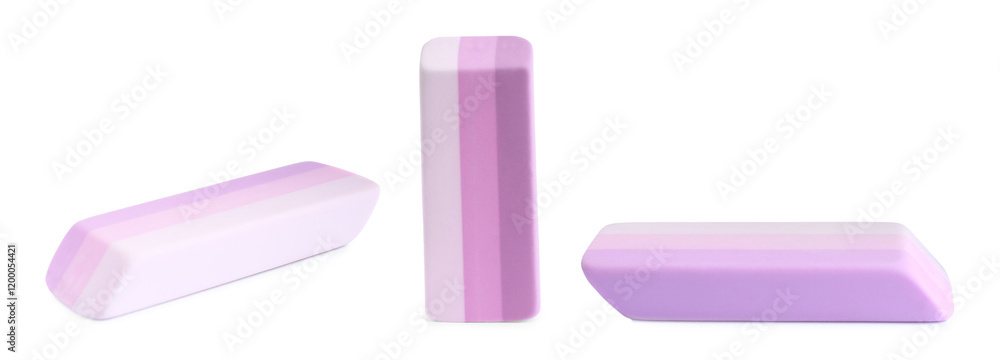 Eraser isolated on white, collage. Different sides Eraser isolated on white, collage. Different sides
