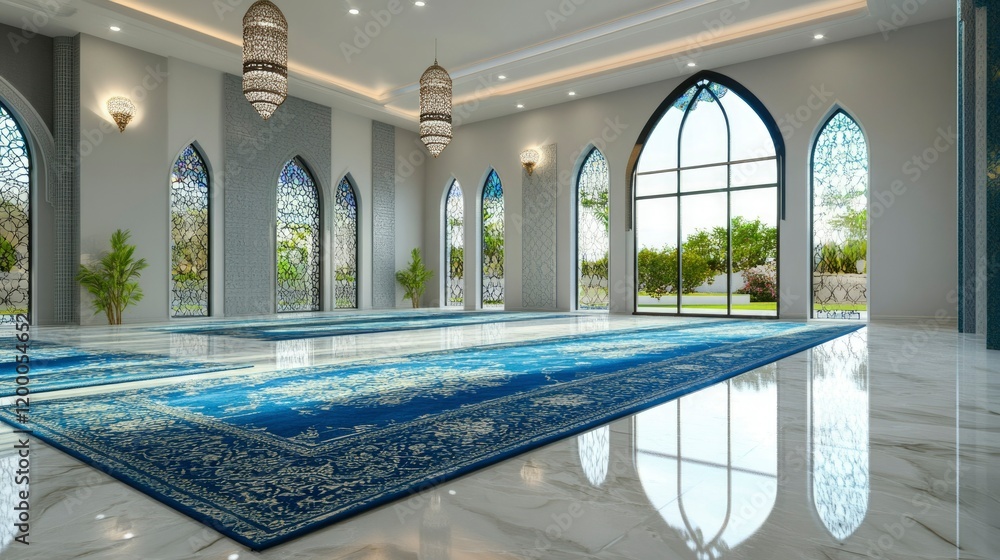 Obraz premium Serene Mosque Interior Design Featuring Elegant Carpets and Windows