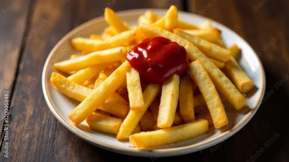 French fries with ketchup lies in a white plate on a wooden background French fries with ketchup lies in a white plate on a wooden background
