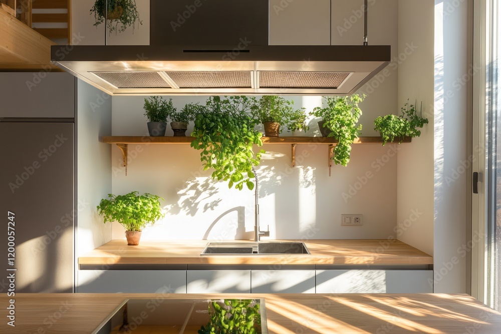 Sunlit Modern Kitchen With Herbs And Stainless Steel Range Hood Sunlit Modern Kitchen With Herbs And Stainless Steel Range Hood