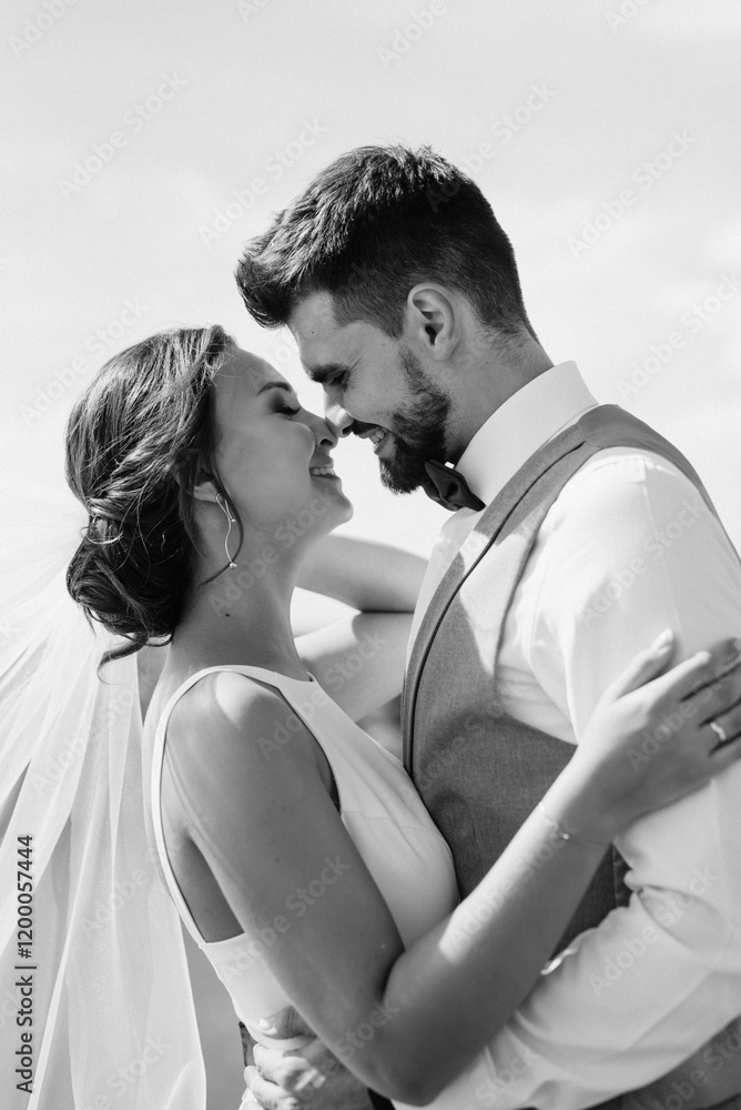 bride blonde girl and groom near the river