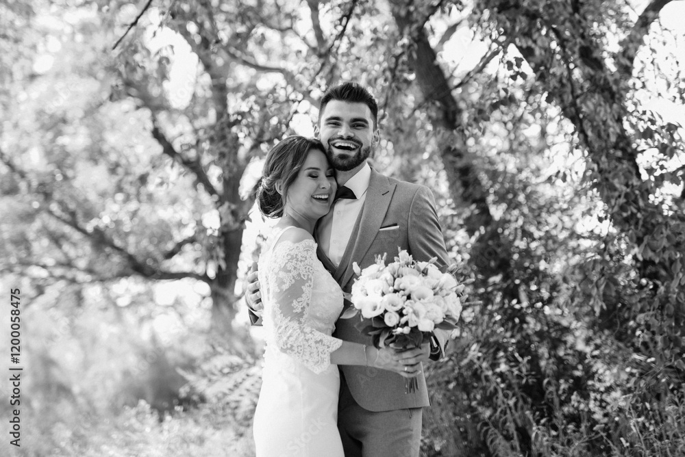 guy and a girl newlyweds are walking in the forest