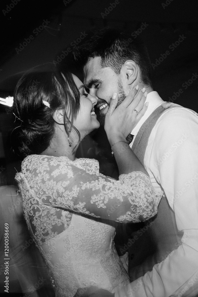 the first dance of the bride and groom inside a restaurant
