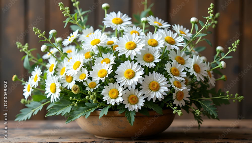 Obraz premium Beautiful bouquet of white daisies with yellow centers in a rustic vase, cheerful arrangement, copy space