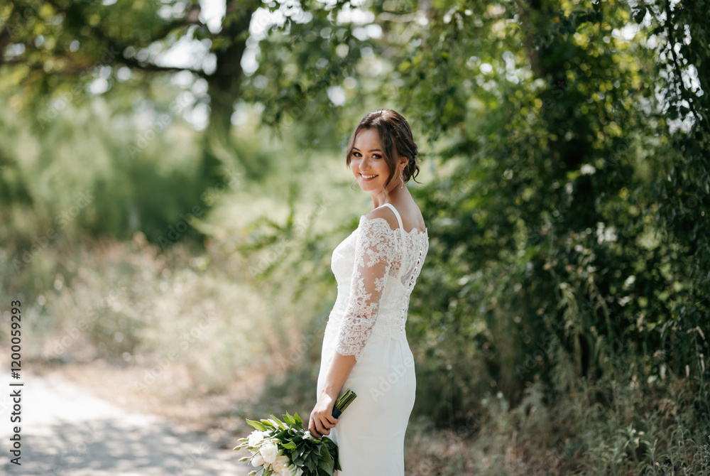 young girl in a beautiful tight dress with a bouquet