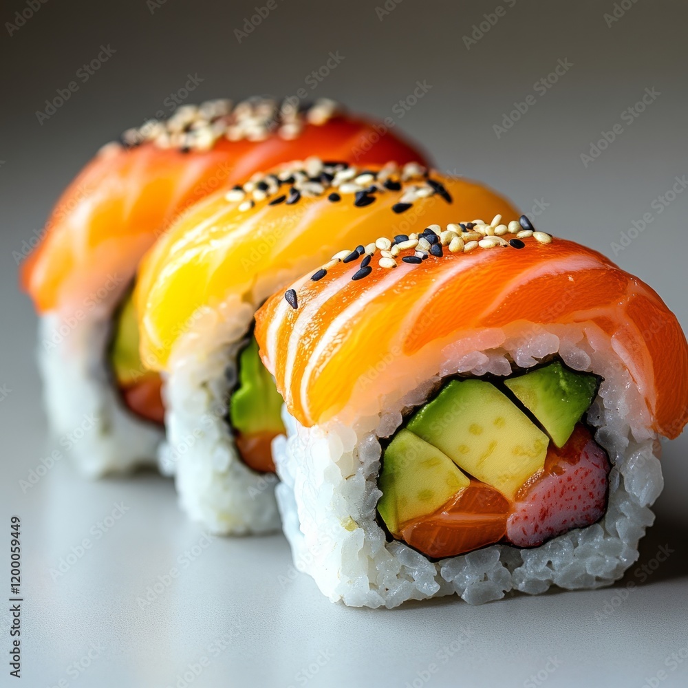 Sushi roll cross-section showing vibrant layers of fish, avocado, and rice Sushi roll cross-section showing vibrant layers of fish, avocado, and rice