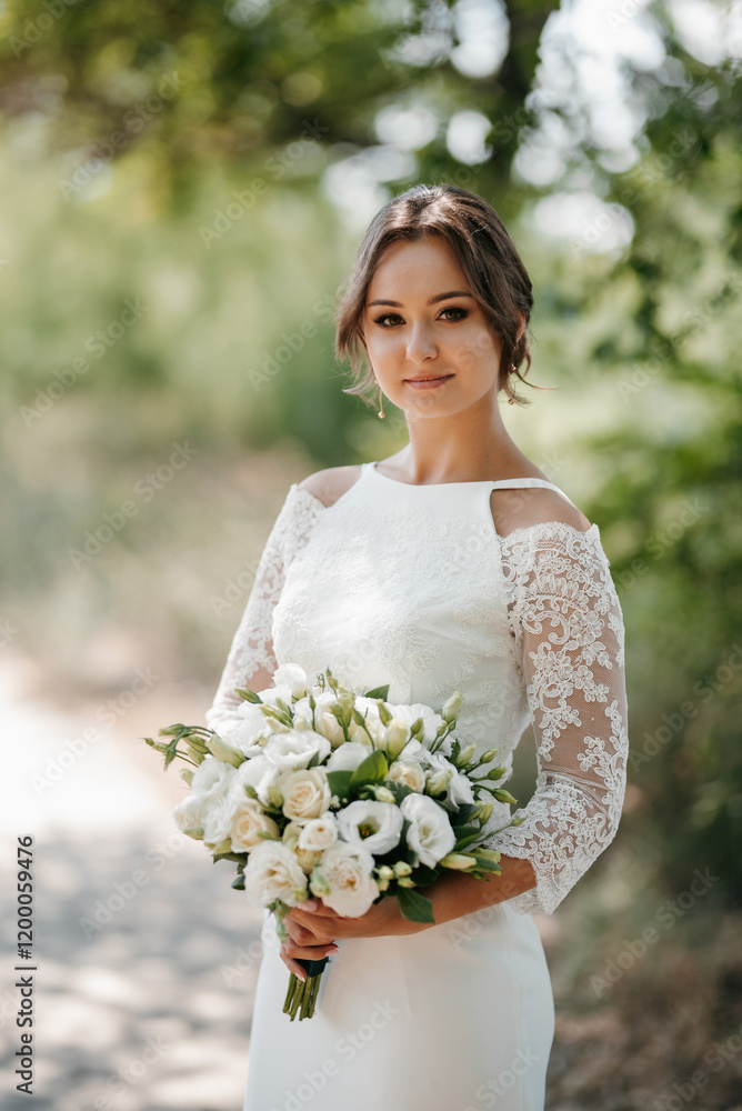 young girl in a beautiful tight dress with a bouquet