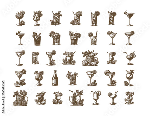 Vintage Cocktail Vector Collection. Retro Alcoholic and Non-Alcoholic Drink Illustrations for Bar and Restaurant