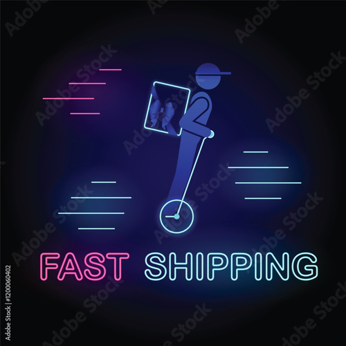 Neon Fast Shipping Banner, a delivery man riding Gyro scooter with the bag tied with bow and neon text Fast Shipping