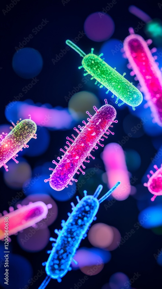 A vibrant, abstract representation of colorful bacteria illuminated against a dark background, showcasing their intricate shapes and structures. A vibrant, abstract representation of colorful bacteria illuminated against a dark background, showcasing their intricate shapes and structures.