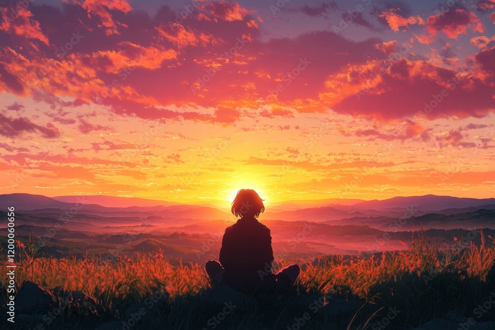 Obraz premium Traveler enjoys a stunning sunset while seated on a grassy hill at dusk near serene mountains. Generative AI