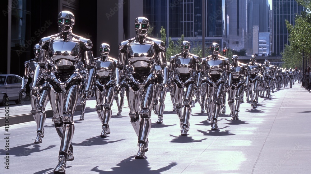 Obraz premium Chrome Robots Marching in City Streets: A Sci-Fi Scene