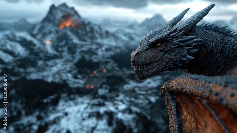 This dramatic image captures a black dragon overlooking a fiery volcanic landscape, highlighting its menacing presence against the backdrop of molten lava and smoke, embodying power and danger. This dramatic image captures a black dragon overlooking a fiery volcanic landscape, highlighting its menacing presence against the backdrop of molten lava and smoke, embodying power and danger.